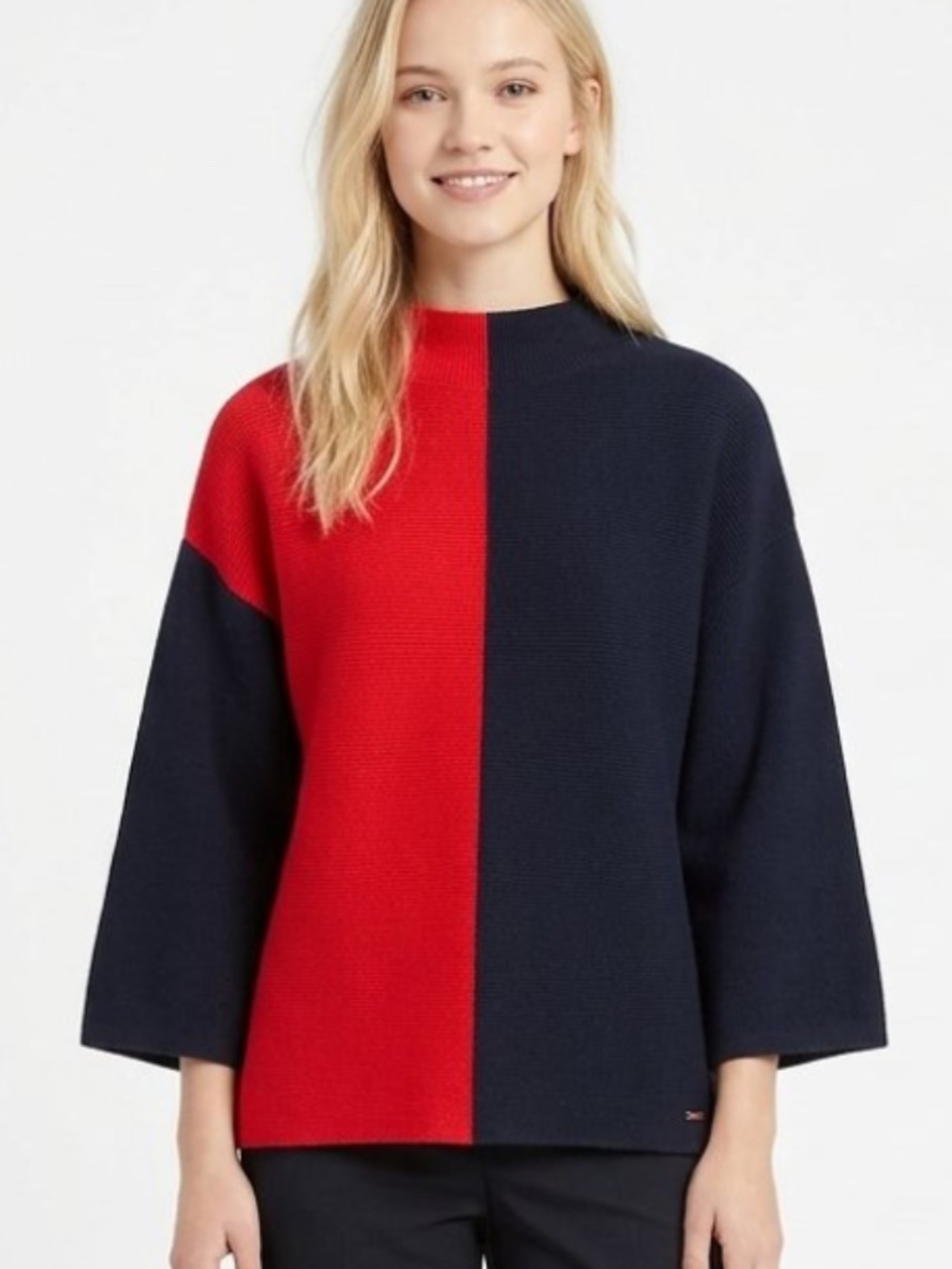 Tommy Hilfiger Navy Blue & Red Colorblock Mock Neck Sweater
